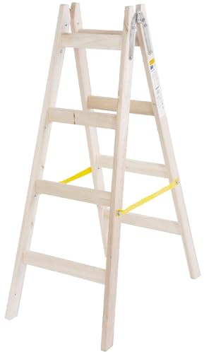 STREND PRO Holzleiter 4 Stufen 1,27m | IDEAL Malerleiter Holz für Malerarbeiten, Renovierungen, Reparaturen | Klappleiter Holz mit EN131 Zertifikat | Haushaltsleiter einschließlich Metallhaken