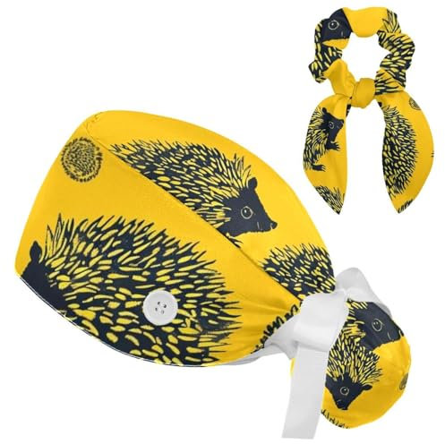 Arbeitskappe mit gelben Tiermotiven und Haargummi, mit Schweißband, Schlupfmütze, Gelbe Igeltiere, One size