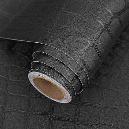 Arthome Peel and Stick Wallpaper Black,44x300cm Crocodile Textured Self Adhesive Contact Paper Faux Leather Removable Waterproof Wallpaper Vinyl Wrap Alligator Skin Paper for Furniture