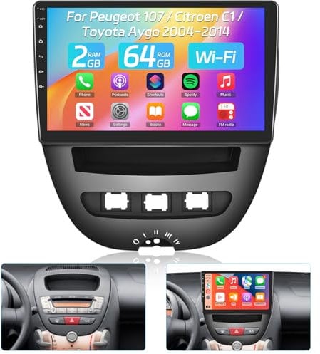 NHOPEEW Autoradio für Peugeot 107 / Citroen C1 / Toyota Aygo 2004-2014 mit kabellosem Carplay & Android Auto - 10 Zoll Android 13 Autoradio mit WiFi GPS Lenkradsteuerung EQ + Rückfahrkamera & Mikrofon