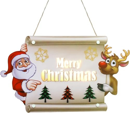 SPORWAY Frohe Weihnachten Hängende Schild: Merry Christmas Dekoration mit LED Licht, Weihnachtsdeko Anhänger Zeichen Türdeko Wandschild Willkommen Zeichen für Haustür, Home, Wandfenster, Garten