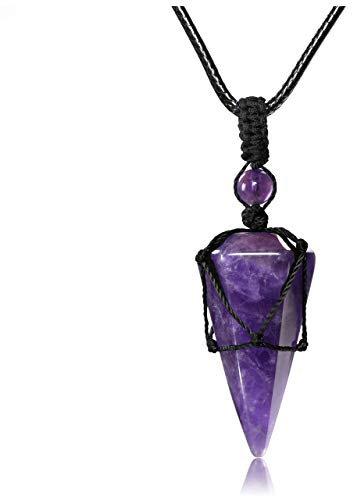Jovivi Unisex Collana Ciondolo Cono Esagonale in Pietra Naturale per Donna Uomo Collana Pendente Pendolo Sfaccettato con Corda Avvolta Yoga Gioielli Chakra Reiki Guarigione Energia - Ametista