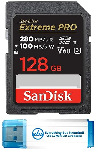 SanDisk Carte mémoire SDXC 128 Go UHS-II Extreme Pro V60 pour photos et vidéos (SDSDXEP-128G-GN4IN) avec 1 lecteur de carte micro et SD Everything But Stromboli