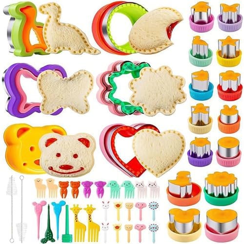 48stk Ausstechformen Set, Sandwich Cutters for Kids, Ausstechformen Ausstecher Brot und Gemüse mit Food Picks Obstgabeln, Edelstahl, Dinosaurier Dino Stern Formen