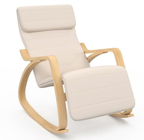 IDMarket - Fauteuil à Bascule NILS, Rocking Chair avec Repose Pied en Bois façon hêtre et Coussin Tissu Beige