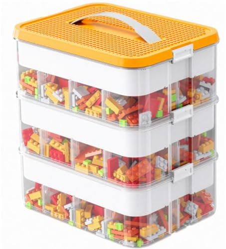 Creative Building Blocks Storage Box, 3 Tier Stackable Toys Organizer Storage Box with Building Plate Lid Multi Compartment Building Blocks Sorting Container