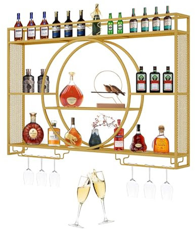 Wandhalterung Zum Aufhängen, Weinregal Wand, Weinregal Zur Wandmontage, Weinregal Mit Glashalter Wand Flaschenhalter, Flaschenregal Wand Mit LED-Licht, Aufbewahrungsregal Für Bar Küche Weinkeller(Gold