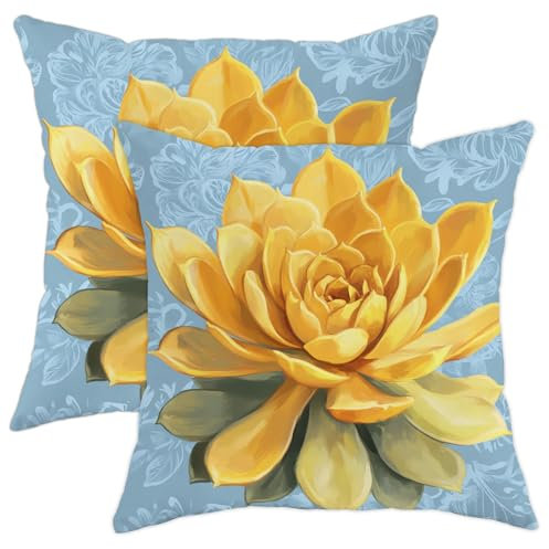 Yellow Water Lily Flower Pillow Covers Set of 2, Bright Decorative Throw Cushion Cases, Spring Floral Home Sofa Decor for Living Room Bedroom 20x20 Inch