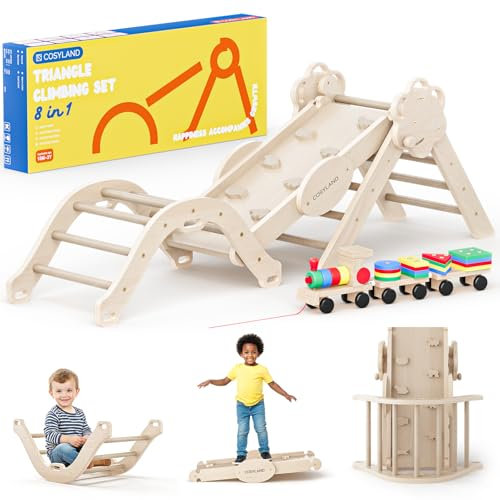 COSYLAND 8 en 1 Triángulo de Escalada Montessori con Arco y Rampa, Set Plegable Infantil, Juguete de Madera Resistente para Interior, Niños 18 Meses-6 años, Colores Natural, Mediano