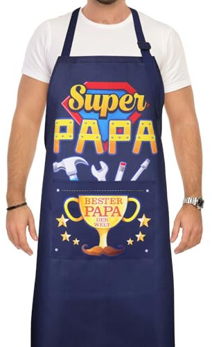 DPKOW Lustige Männer Geschenk Super Papa Grillschürze Vatertagsgeschenk, Kochschürze Herren Geschenk Papa Geburtstagsgeschenk, Einstellbarer Schürze mit Tasche, Wasserdicht, BESTER PAPA DER WELT