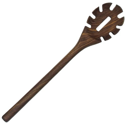 TOBEOME Walnut Wood Spaghetti Pasta Server Long Handle Wooden Pasta Spoon with Teeth Pasta Forks Walnut Wooden Cooking Utensils
