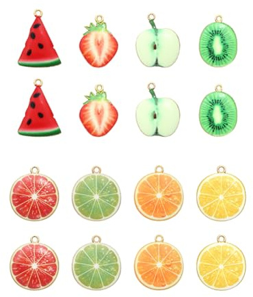 FSSTUD 16 Stück sortierte Emaille-Obst-Anhänger, Metall, Erdbeere, Apfel, niedliches Wassermelonen-Armband, Schlüsselanhänger, Charm-Anhänger, Schmuckherstellung, baumelnder Anhänger für DIY, Diameter