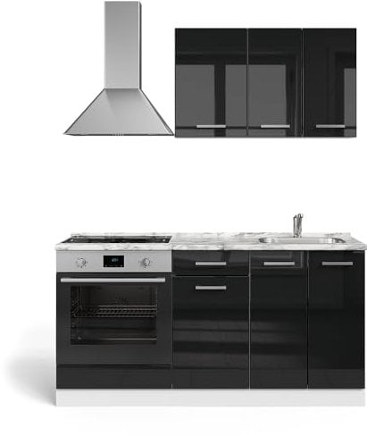 Vicco Singleküche R-Line, Schwarz Hochglanz/Weiß, 160 cm mit Herdumbauschrank ohne Arbeitsplatte