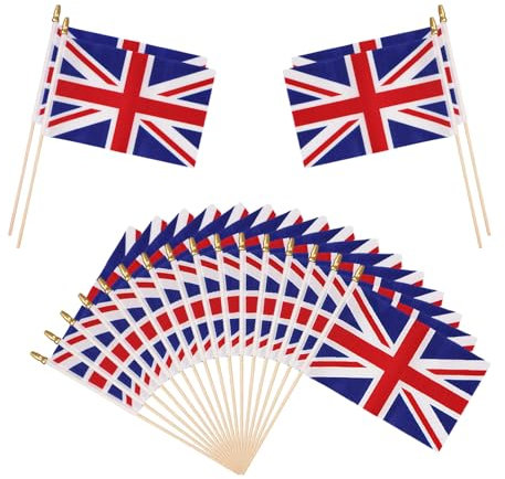 20PCS Small Handheld UK Flags, Union Jack Flags, Wooden Sticks, Double-Sided Mini Union Jack Flag for Parades, British National Day, Patriotic Decorations, School Events