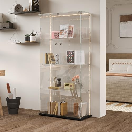 KSFASHZ Vitrine aus Glas mit LED und 6 Rollen, Glasvitrine 4 Regale 2 Tür, 35 x 78,5 x 163 cm, Glasvitrine mit LED Vitrine Display Säule Vitrine Wohnzimmer Transparent Schwarz