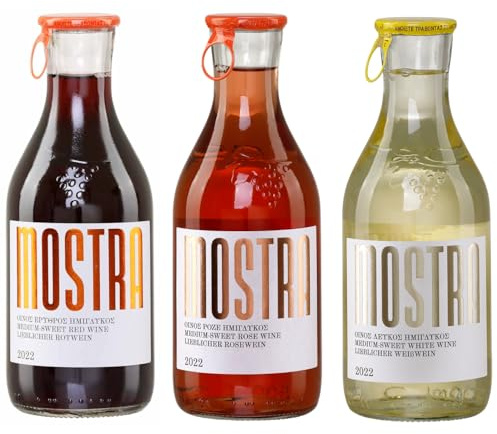 Wein Probierpaket lieblich 3x 0,5l von Tsililis | Mostra Rot, Rosé & Weiß | Griechische Qualitätsweine Imiglykos | Lieblich & blumig| Rotwein, Roséwein & Weißwein | + 20ml Jassas Olivenöl