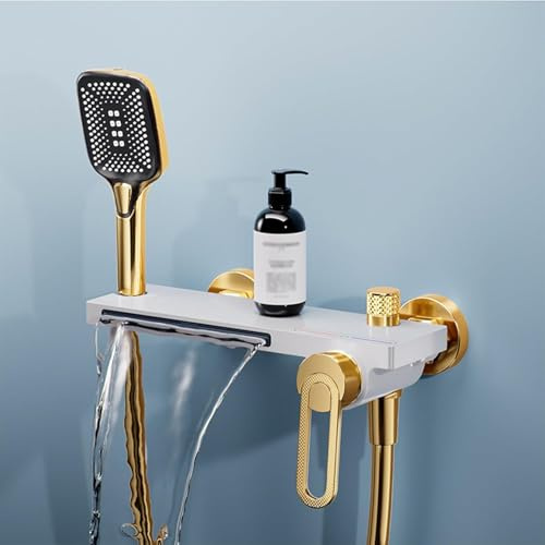 KUNYOS Wannenarmatur Wasserfall Bad Armaturen Badewanne Mischbatterie Wandmontage Badewannenarmatur Mit 3 Modi Handbrause,Gold + Chrome