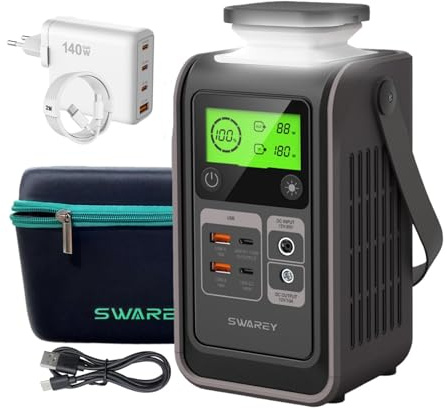 SWAREY DC Powerstation S200, 192Wh LiFePO4 mit 140W USB-C Ladegerät | 180W Solargenerator für Camping Reisen Notfälle