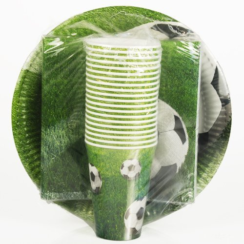 Set mit 60 Teilen für Fußball: 20 Assietten aus Karton, 20 Gobeletten aus Karton und 20 Servietten.