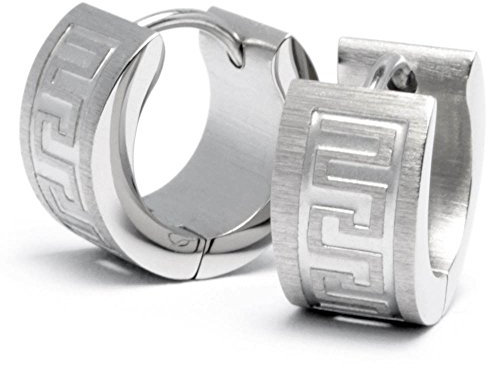 Schmuck-Checker Edelstahl Herren Ohrringe Klapp-Creolen Silber Gebürstet Matt Mäander Muster Gravur 13mm Ø Männerschmuck Geschenk