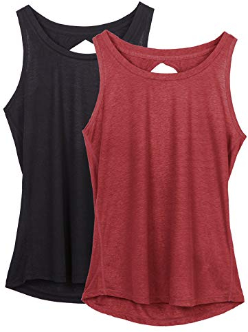 icyzone Damen Sport Top Rückenfrei Fitness Yoga Tank Top Leichte Ärmellos Sommer Casual Shirts, 2er Pack (L, Schwarz/Weinrot)