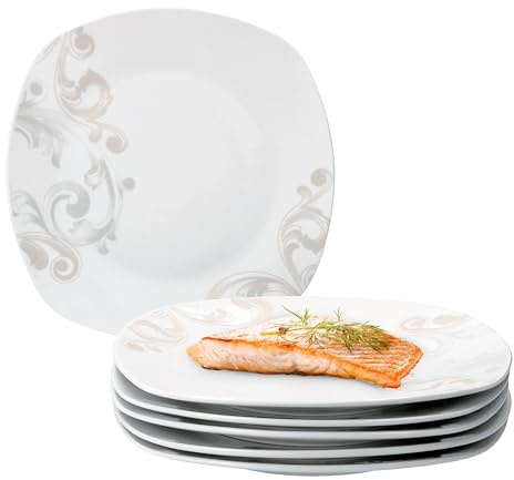 Van Well | 6er Set Speiseteller Festivo | 25.5 x 25.5 cm | großer Essteller | Servier-Platte für Menü-Beilagen | Porzellan-Geschirr festlich | Blumen-Ranke