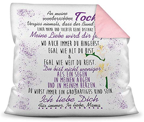 Familie-Kissen mit Spruch von der Mama für die Tochter - Kissenbezug inklusive Kissen/Verwandte/Geschenk-Idee/Liebling/Kinder/Farbkissen Rückseite Altrosa