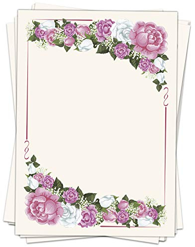 50 Blatt Briefpapier (A4) | Rosa und weiße Rosen | Motivpapier | edles Design Papier | beidseitig bedruckt | Bastelpapier | 90 g/m²