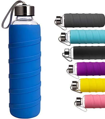 Ferexer BPA Free Reusable Borosilicate Glass Water Bottle with Silicone Sleeve 1000 ml / 1 Liter Blue