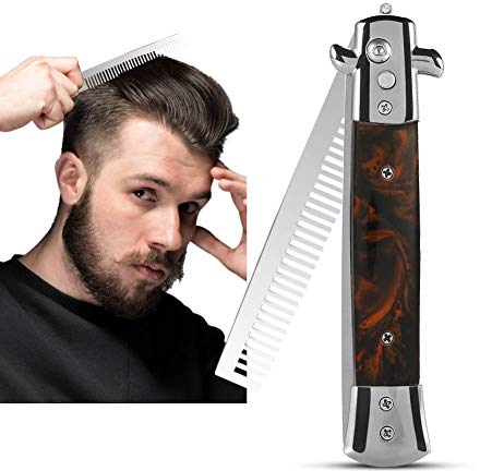 Peines de navaja de conmutación ,8.9 pulgadas 4 colores Botón de resorte plegable Peine de bolsillo Peine de pelo de acero inoxidable Peine de bolsillo para barba de pelo Estilo de bigote(MARRÓN)