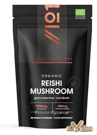 Organic Reishi Mushroom 7500mg – 50% Polysaccharides High Strength Extract Reishi Mushroom Supplement – 90 Vegan Capsules (3 Months Supply) – by Alpha01