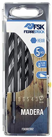 Ferrestock FSKBRC002 set de 5 brocas hexagonales para madera, afilado de 3 puntas, 3/4/5/6 y 8mm