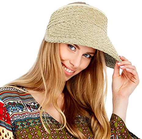 Sun Visor Hat, Rollable Ladies Wide Brim Straw Foldable Summer Topless Sunhats for Womens Adjustable Beach Cap (Beige and Brown Mixed)