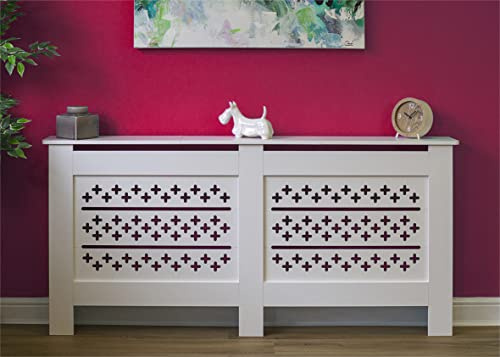 Bestfor Extra Large White MDF Wood Radiator Cover with Cross Pattern Vents - Offers protection from burns and hides away old radiators