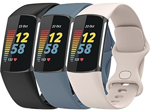 TopPerfekt Bands Compatible with Fitbit Charge 5, Adjustable Soft Silicone Sport Replacement Watch Band Straps Wristbands Bracelet for Charge 5 Activity Tracker Women Men (3BlackMoon whiteSteel