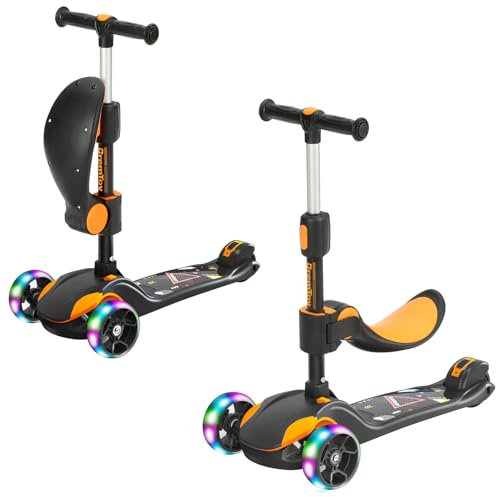 BremToy Trottinette Enfant 3 en 1 avec Siège Pliant, Trottinette 3 Roues à LED pour Enfant, Patinette réglable en Hauteur, Scooter Jouets pour Garçons Filles