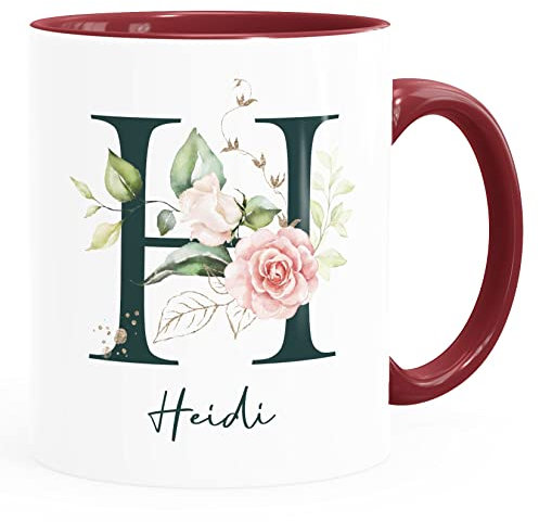 SpecialMe® Kaffee-Tasse mit Buchstabe Initiale Monogramm personalisiert mit Namen Rosen-Motiv persönliche Geschenke bordeauxrot Keramik-Tasse