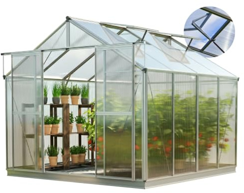 GFP Serre Topas 4 Cadre Aluminium 225x259 cm Plaques Double paroi 8 mm avec Cadre de Fondation et ouvre-fenêtre Automatique