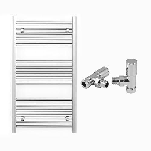 600mm Wide Straight Chrome Heated Bathroom Towel Rail Radiator With Valves For Central Heating UK (With Angled Valves, 600 x 900mm (h))