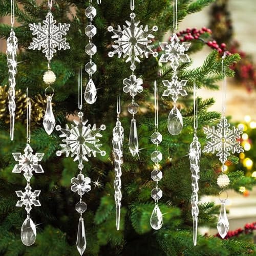 18pcs Crystal Christmas Ornaments for Tree Decorations - Hanging Acrylic Snowflake Icicle Ornaments with Drop Pendants for Winter Wonderland Chandelier Crystals Decorations Supplies