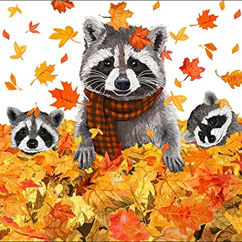 20 Servietten Waschbären spielen im Herbst | Tiere | Herbstlaub | Herbstblätter | Winter | Tischdeko | Decoupage | Serviettentechnik 33x33cm