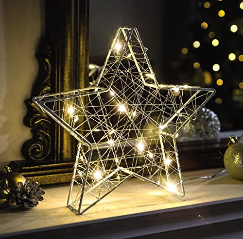 mysmartbuy.com Star of Wonder LED Light – 24x24x4cm Battery Powered 3D Star Ornament with 30 Warm White LED Lights – Indoor Home Festive Christmas Windowsill Mantelpiece Table Decoration