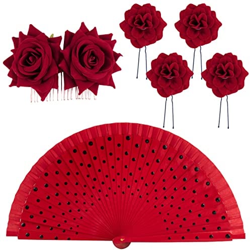 BOFUNX Flamenca Haarschmuck Rose Blumen Haarkamm Haarspange + Rose Blume Haarnadel + Rot Handfächer für Braut Brautjungfer Hochzeit Tanzen Partys