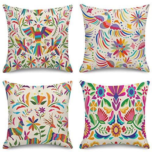 Sanwarm Kissenbezüge, Heimdekoration, Set mit 4 Kissenbezügen, dekorativ, 40,6 x 40,6 cm, mexikanisch, bunt, ethnische Vögel, Blumen