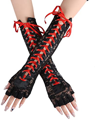 Wambere Fingerlos Spitzen Handschuhe Ellbogen Spitze Handschuh Schwarz Spitzen Satin Handschuhe Schwarze Braut Handschuhe,Lange Spitzen Handschuhe für Damen für Hochzeit Abend,Rot