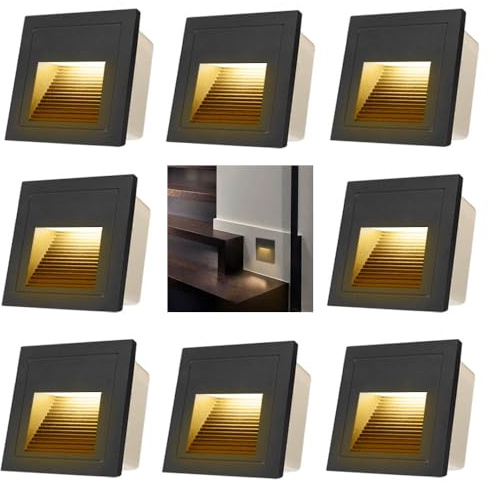 Arotelicht 120V Indoor Outdoor Step Lights, Indoor LED Stair Lights Warm White 3000K, IP44 Waterproof Recessed Wall Lights for Stair, Bedroom, Kitchen, Balcony, Aluminum, 8Pack, Black