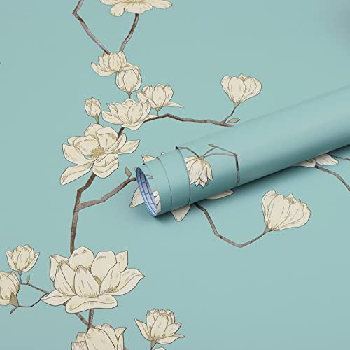 Fiula Floral Wallpaper Blue Beige 44CMx3M Self Adhesive Wallpaper Peel and Stick Wallpaper Vinyl Pastoral Style Sticky Back Plastic Wallpaer Waterproof for Wall Furniture Living Room Bedroom Bathroom