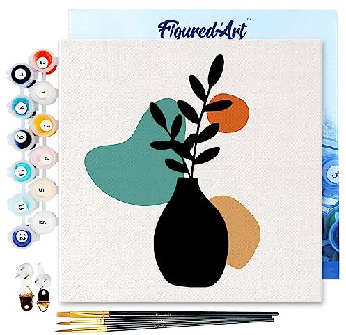 Figured'Art Mini Paint by Numbers Kit for Adults with Frame Abstract Plant Pot Set 2 of 3 Small Format 20x20cm - Craft Art Painting DIY Canvas Already Stretched on a Wooden Frame