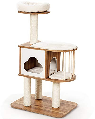 COSTWAY Wooden Cat Tree, Cats Climbing Tower with Condo, Sisal Scratching Posts and Washable Cushions, Indoor Kitten Activity Furniture Play House (117cm Tall, Natural)
