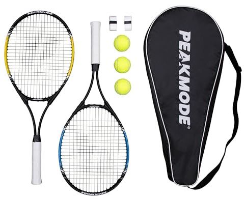 PEAKMODE Tennis Racket Set Full Size 27 inch, 3 Tennis Balls, 2 Overgrip Tapes and Foam Carry Bag
